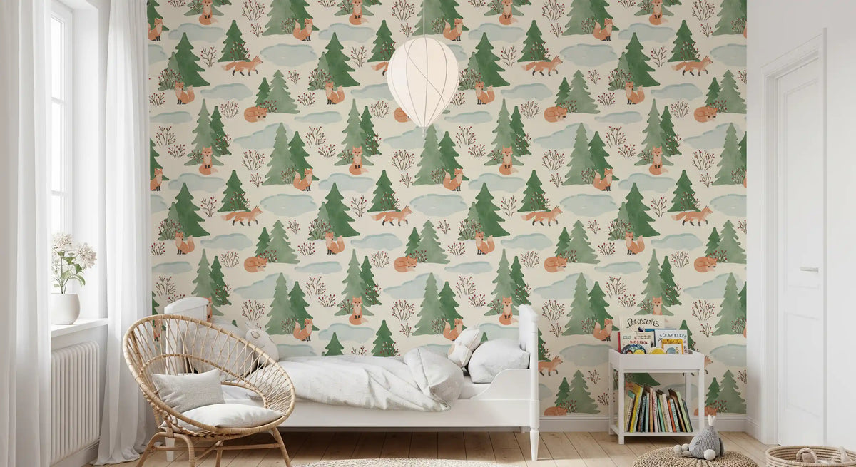 Watercolor Christmas Fox and Pine Trees Holiday Pattern Wallpaper⁠