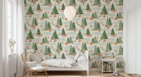 Watercolor Christmas Fox and Pine Trees Holiday Pattern Wallpaper⁠
