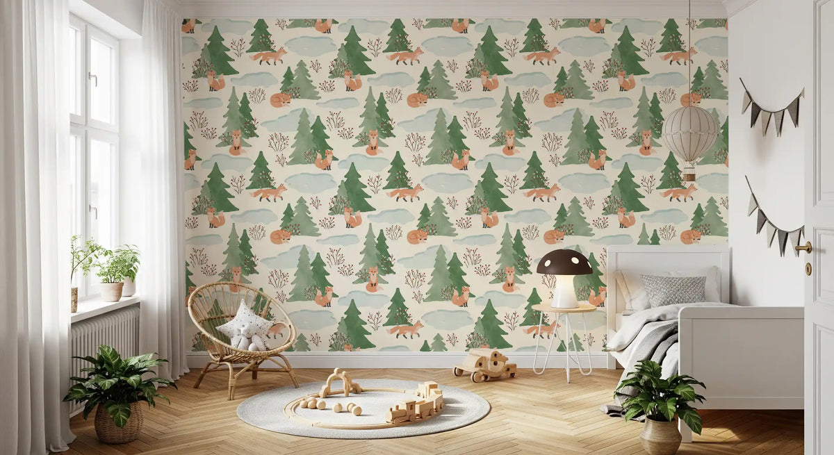 Watercolor Christmas Fox and Pine Trees Holiday Pattern Wallpaper⁠