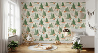 Watercolor Christmas Fox and Pine Trees Holiday Pattern Wallpaper⁠