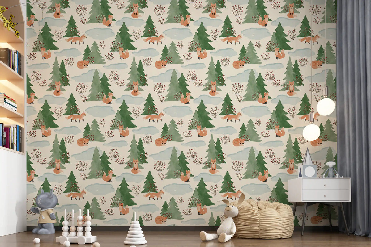 Watercolor Christmas Fox and Pine Trees Holiday Pattern Wallpaper⁠