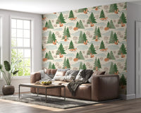 Watercolor Christmas Fox and Pine Trees Holiday Pattern Wallpaper⁠