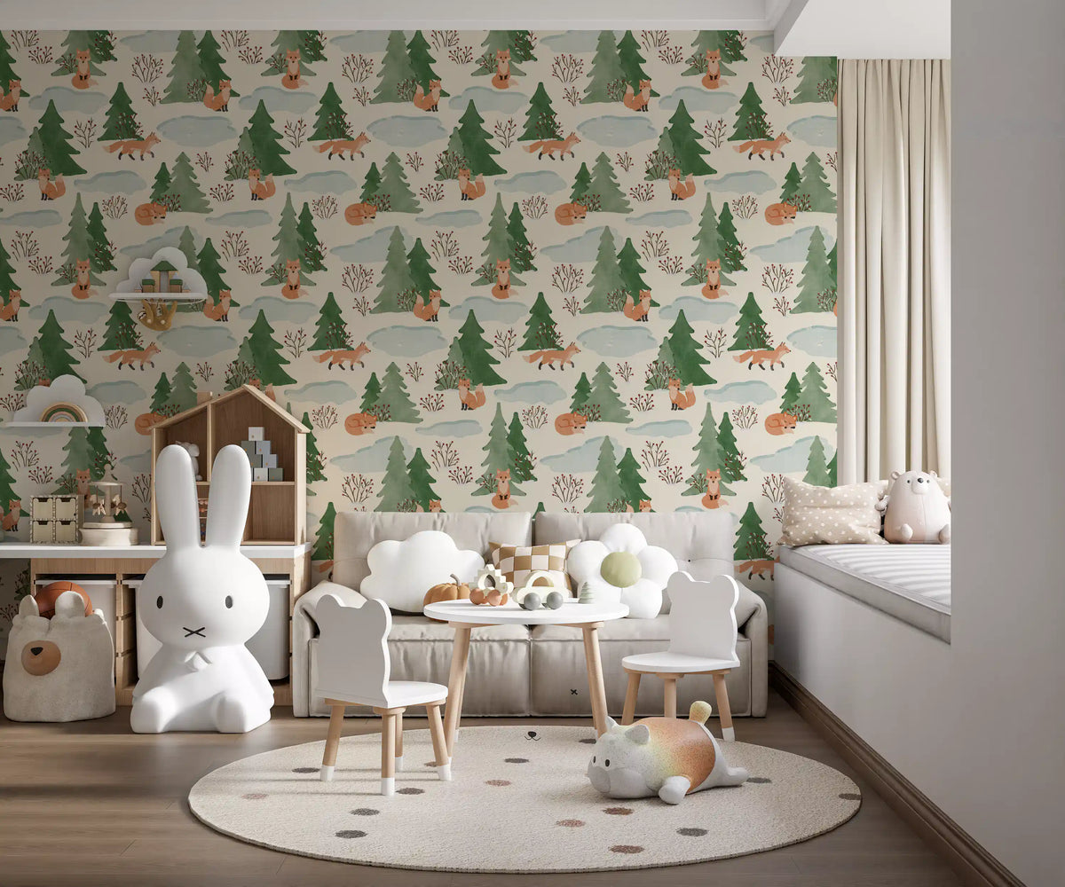 Watercolor Christmas Fox and Pine Trees Holiday Pattern Wallpaper⁠