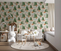 Watercolor Christmas Fox and Pine Trees Holiday Pattern Wallpaper⁠