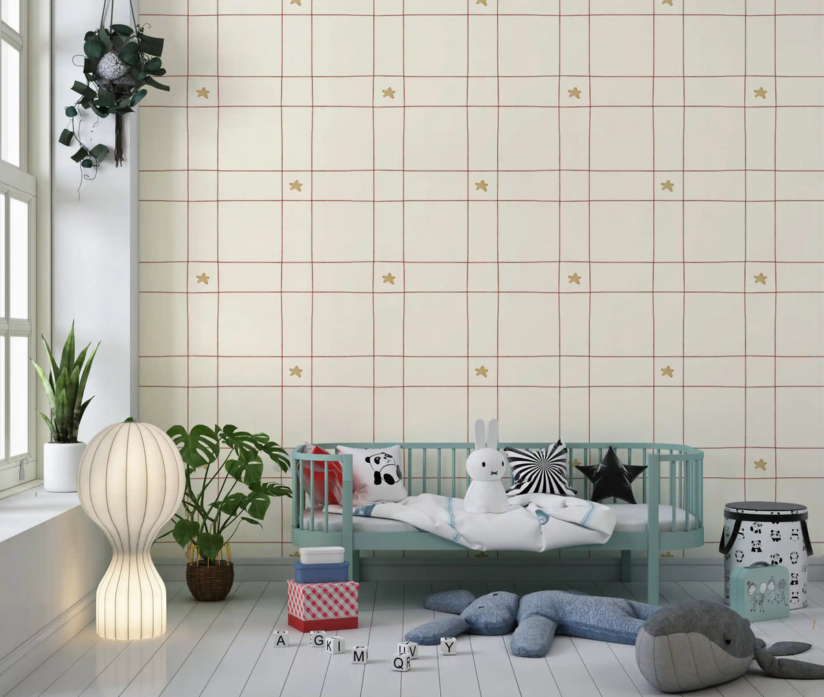 Minimalist Holiday Windowpane Plaid Hand Drawn Stars - Cranberry Red Wallpaper⁠