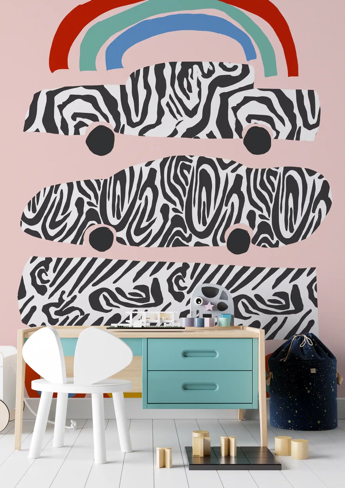 Modern Rainbow and Zebra Patterned Cars Wall Mural