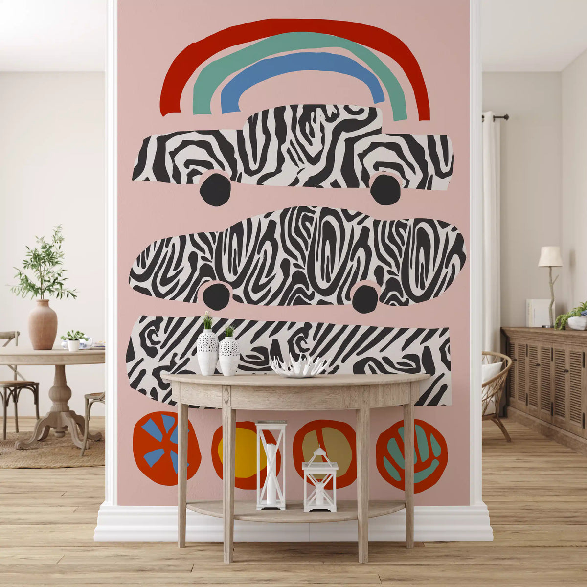 Modern Rainbow and Zebra Patterned Cars Wall Mural
