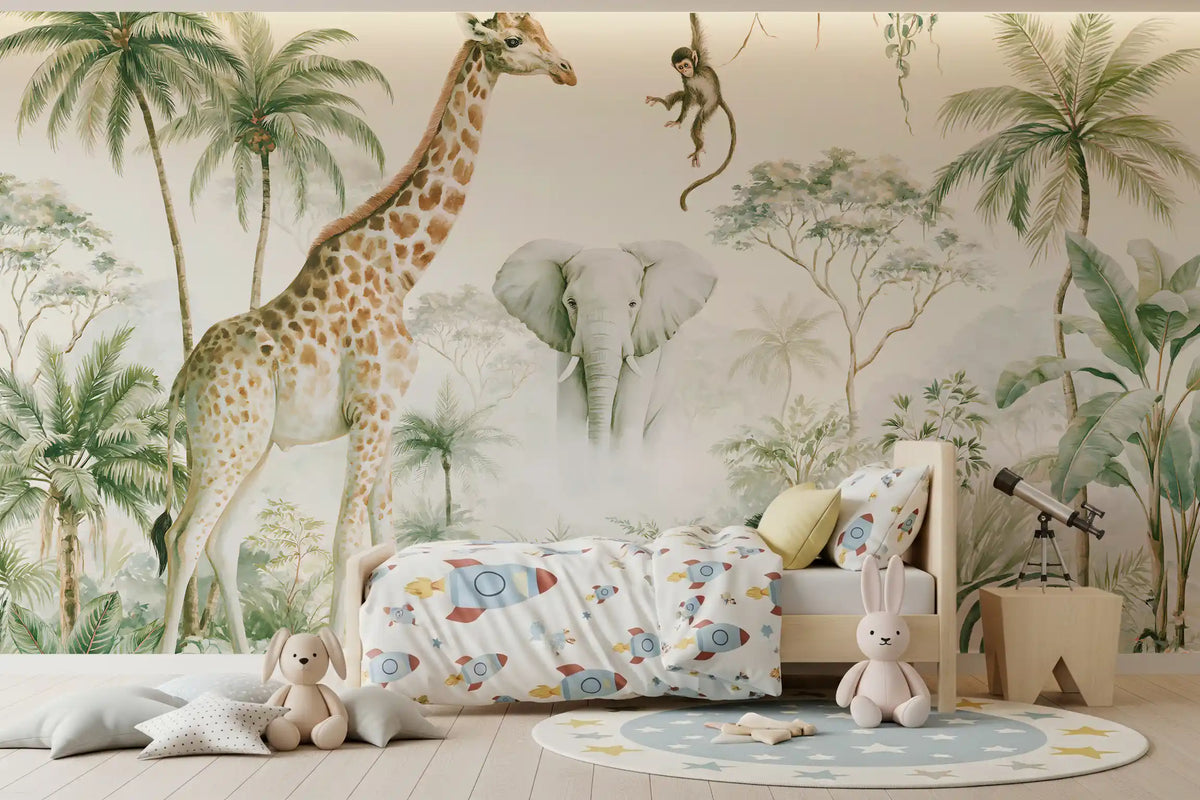 Exotic Safari Animals and Tropical Palms Wall Mural