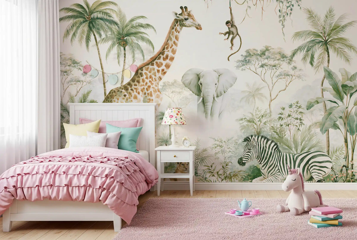 Exotic Safari Animals and Tropical Palms Wall Mural
