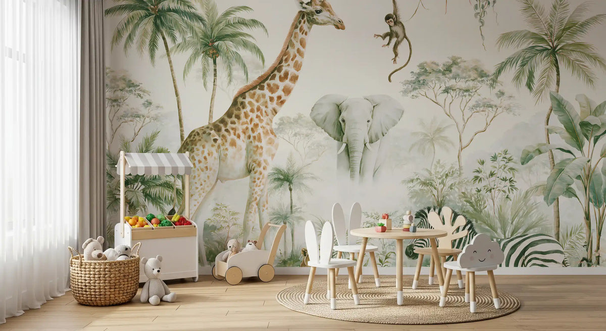 Exotic Safari Animals and Tropical Palms Wall Mural
