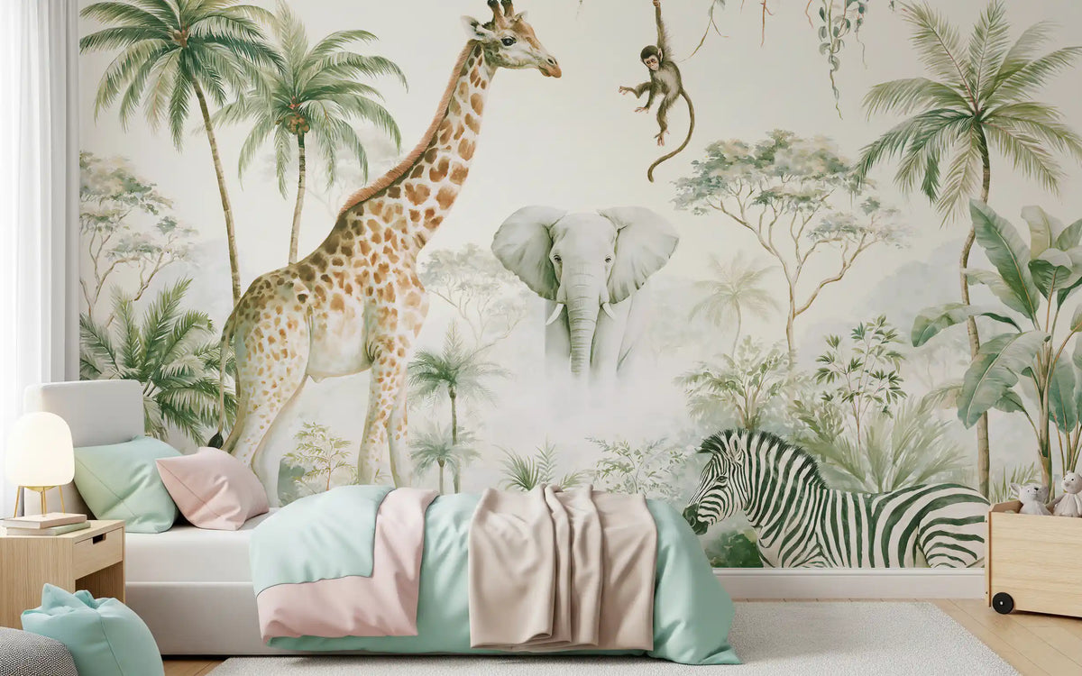 Exotic Safari Animals and Tropical Palms Wall Mural