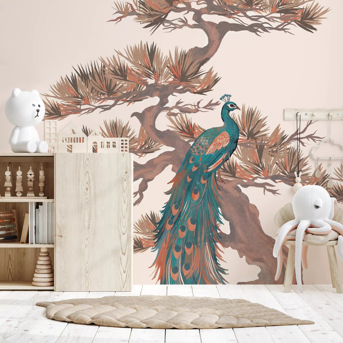 Chinoiserie Pine and Bird Motif Wall Mural