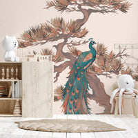 Chinoiserie Pine and Bird Motif Wall Mural