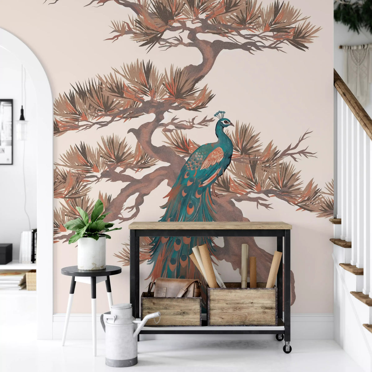 Chinoiserie Pine and Bird Motif Wall Mural