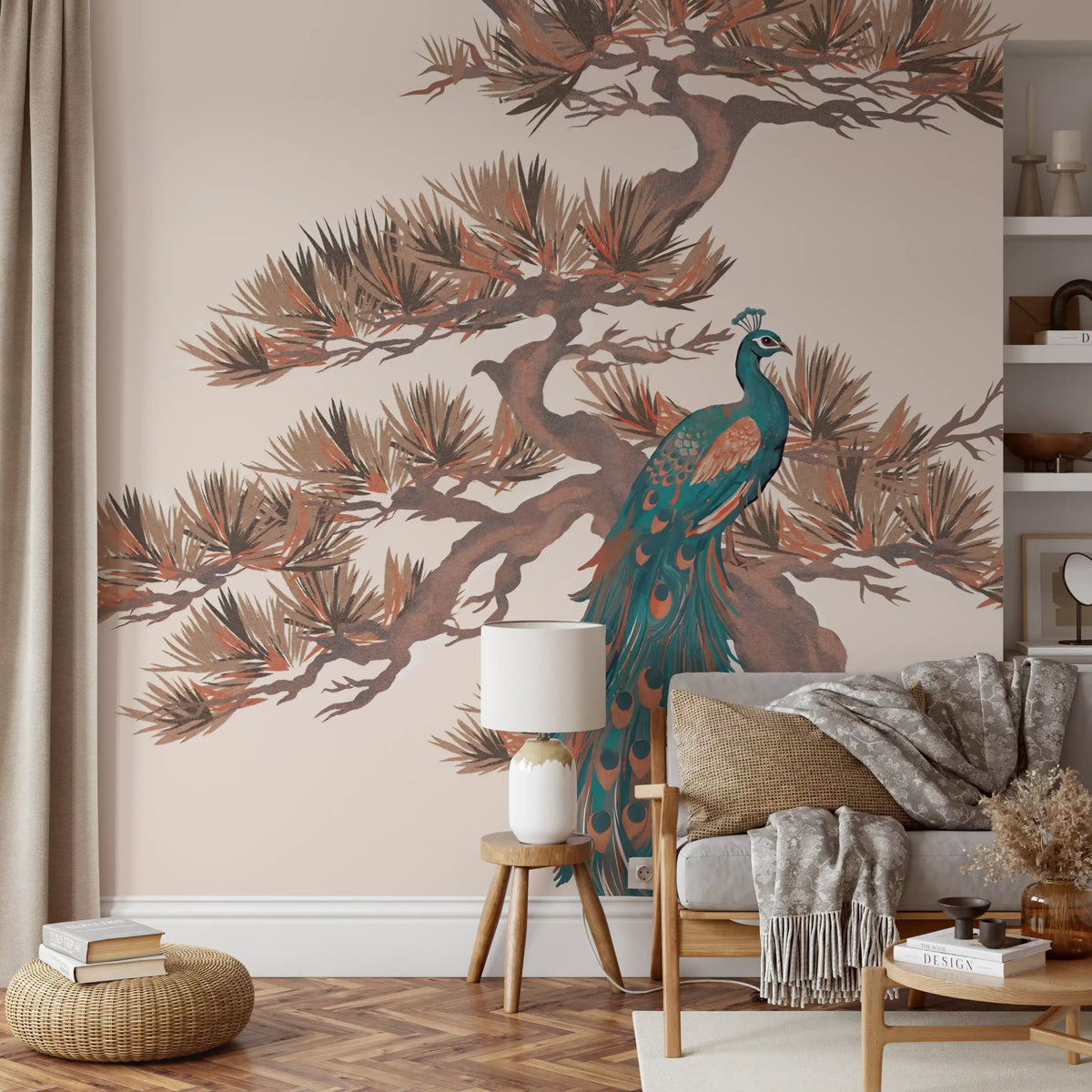 Chinoiserie Pine and Bird Motif Wall Mural