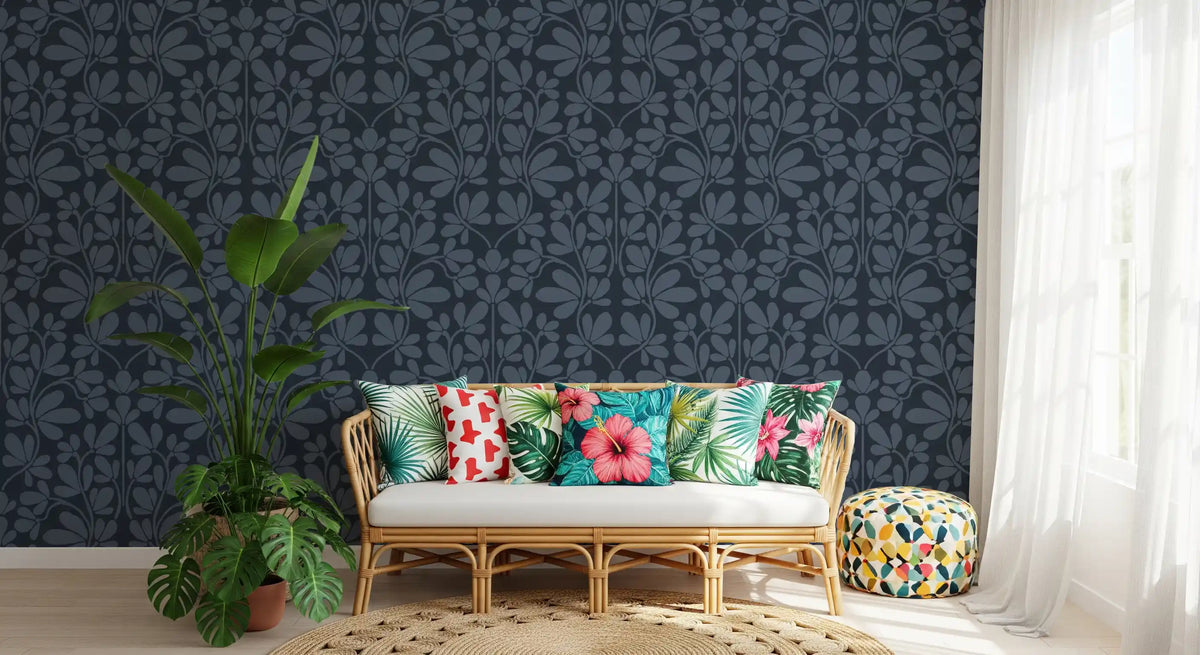 Midnight Navy Botanical Damask Wallpaper⁠