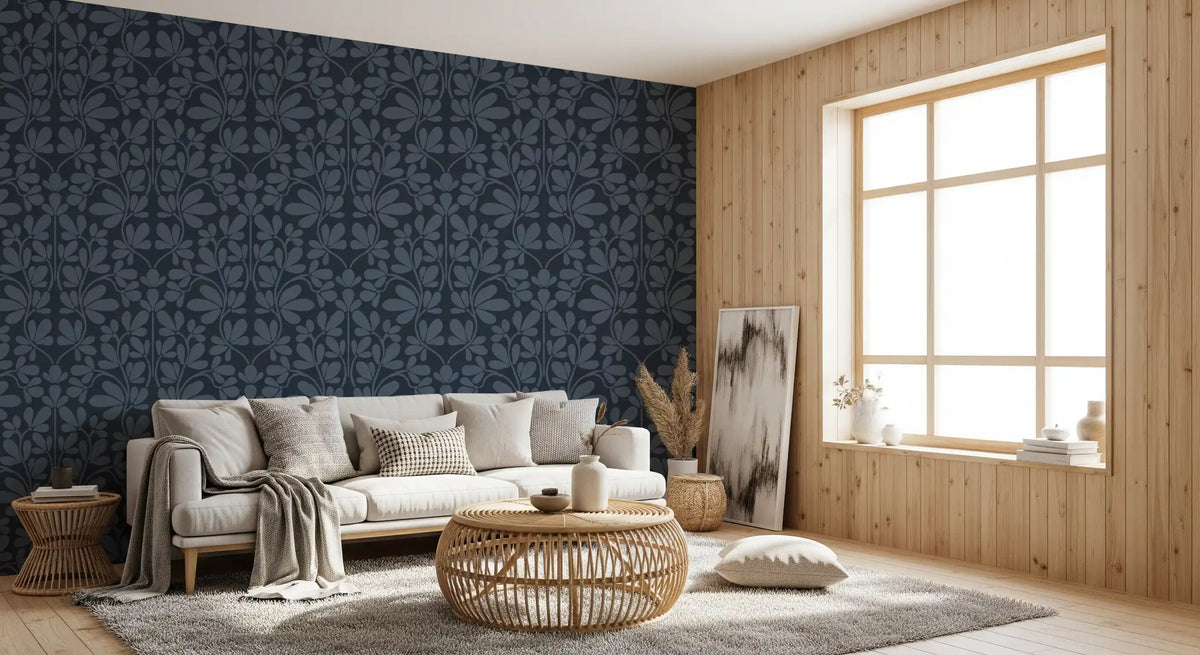 Midnight Navy Botanical Damask Wallpaper⁠