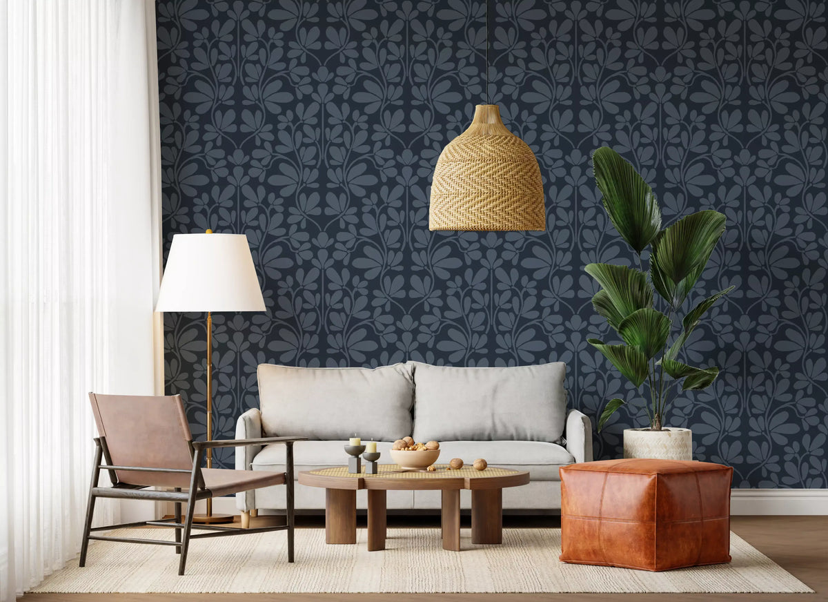 Midnight Navy Botanical Damask Wallpaper⁠