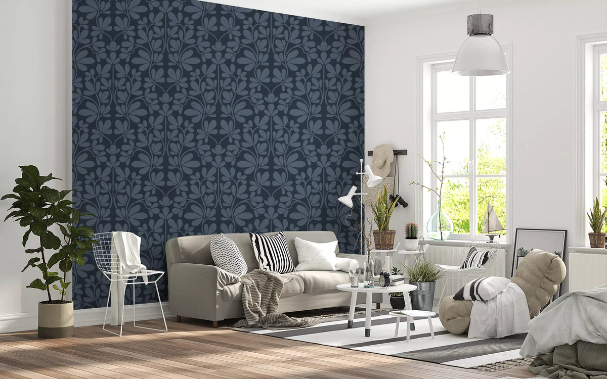 Midnight Navy Botanical Damask Wallpaper⁠