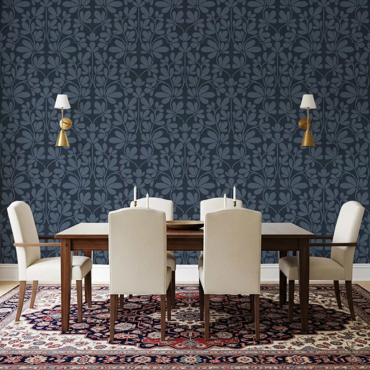 Midnight Navy Botanical Damask Wallpaper⁠