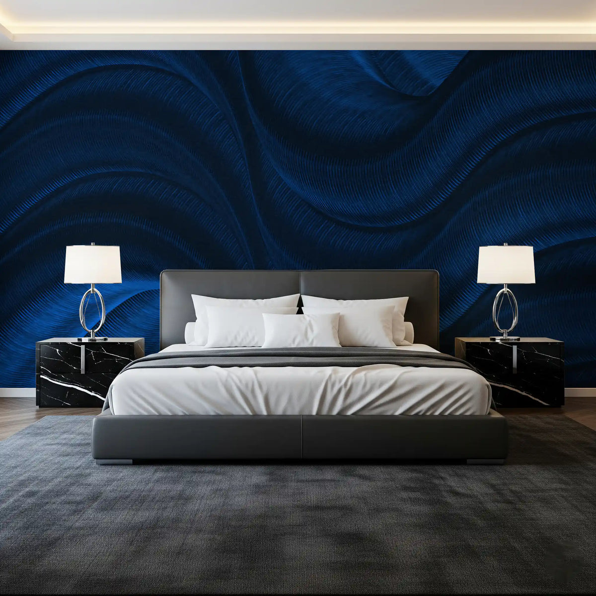 Midnight Navy Fluid Curves Wall Mural