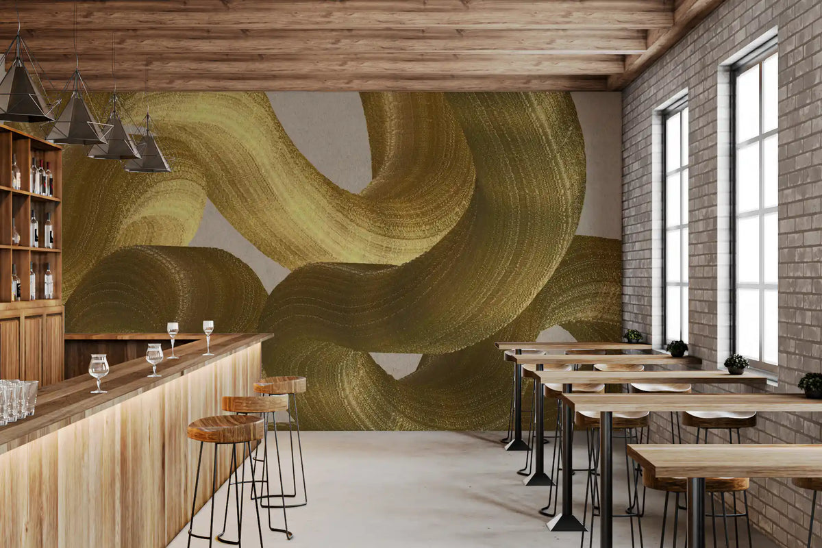 Golden Fluidity Abstract Strokes Wall Mural