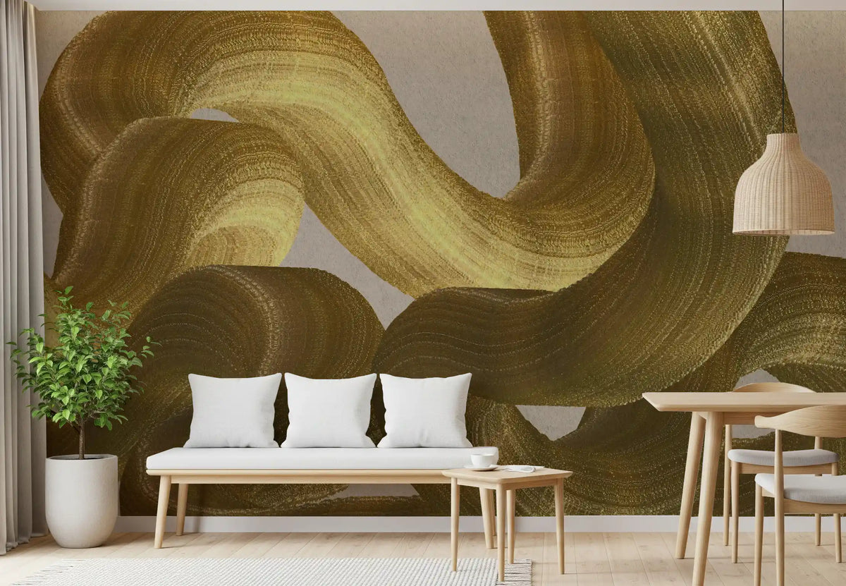 Golden Fluidity Abstract Strokes Wall Mural