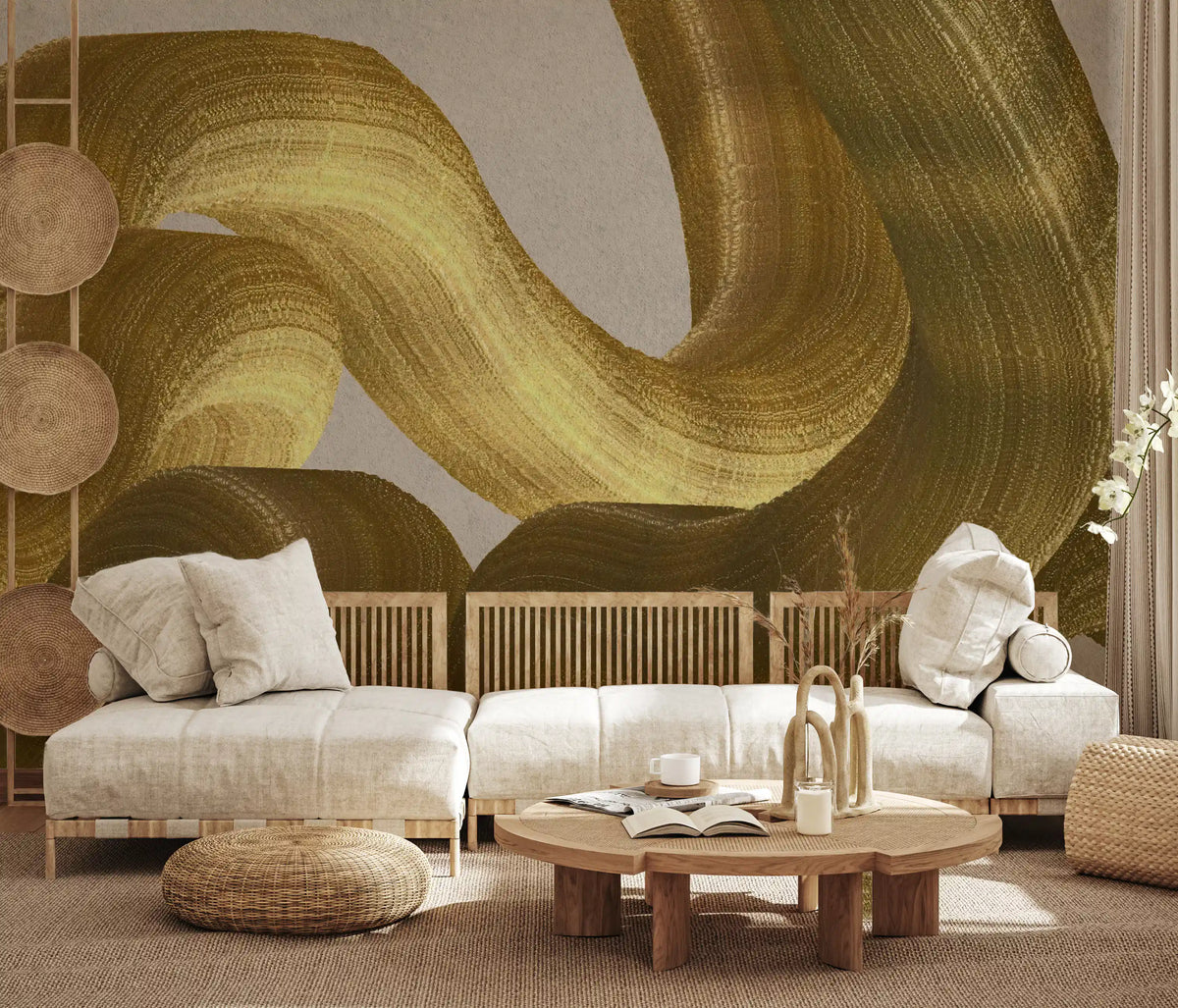 Golden Fluidity Abstract Strokes Wall Mural
