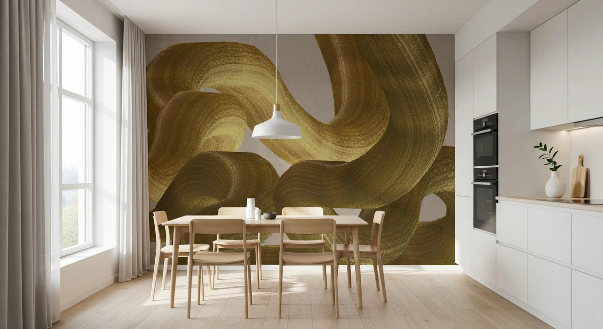 Golden Fluidity Abstract Strokes Wall Mural