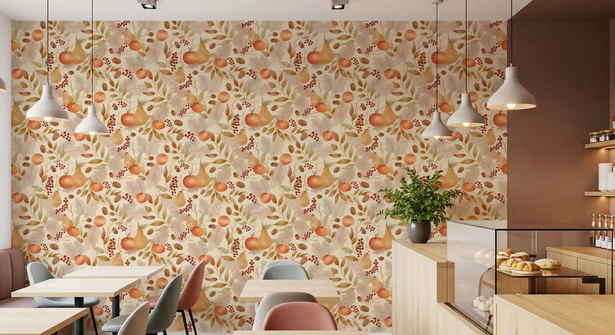 Watercolor Autumn Fruit Leaves Desaturated Soft Harvest Pattern Wallpaper⁠