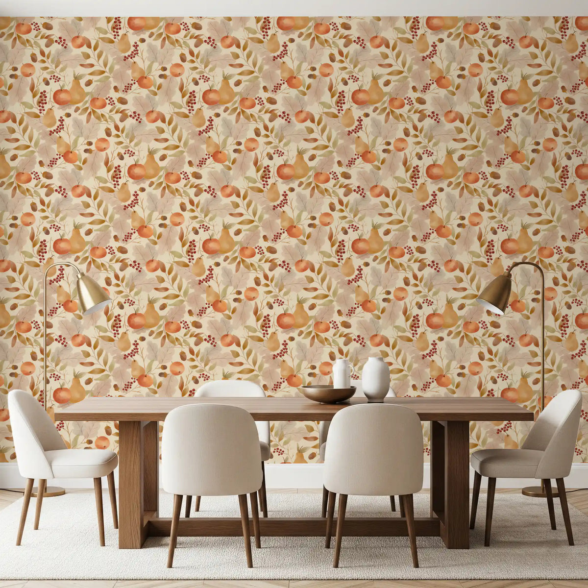 Watercolor Autumn Fruit Leaves Desaturated Soft Harvest Pattern Wallpaper⁠