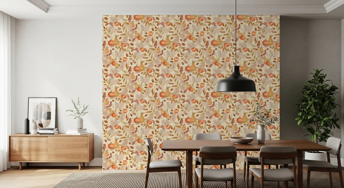 Watercolor Autumn Fruit Leaves Desaturated Soft Harvest Pattern Wallpaper⁠