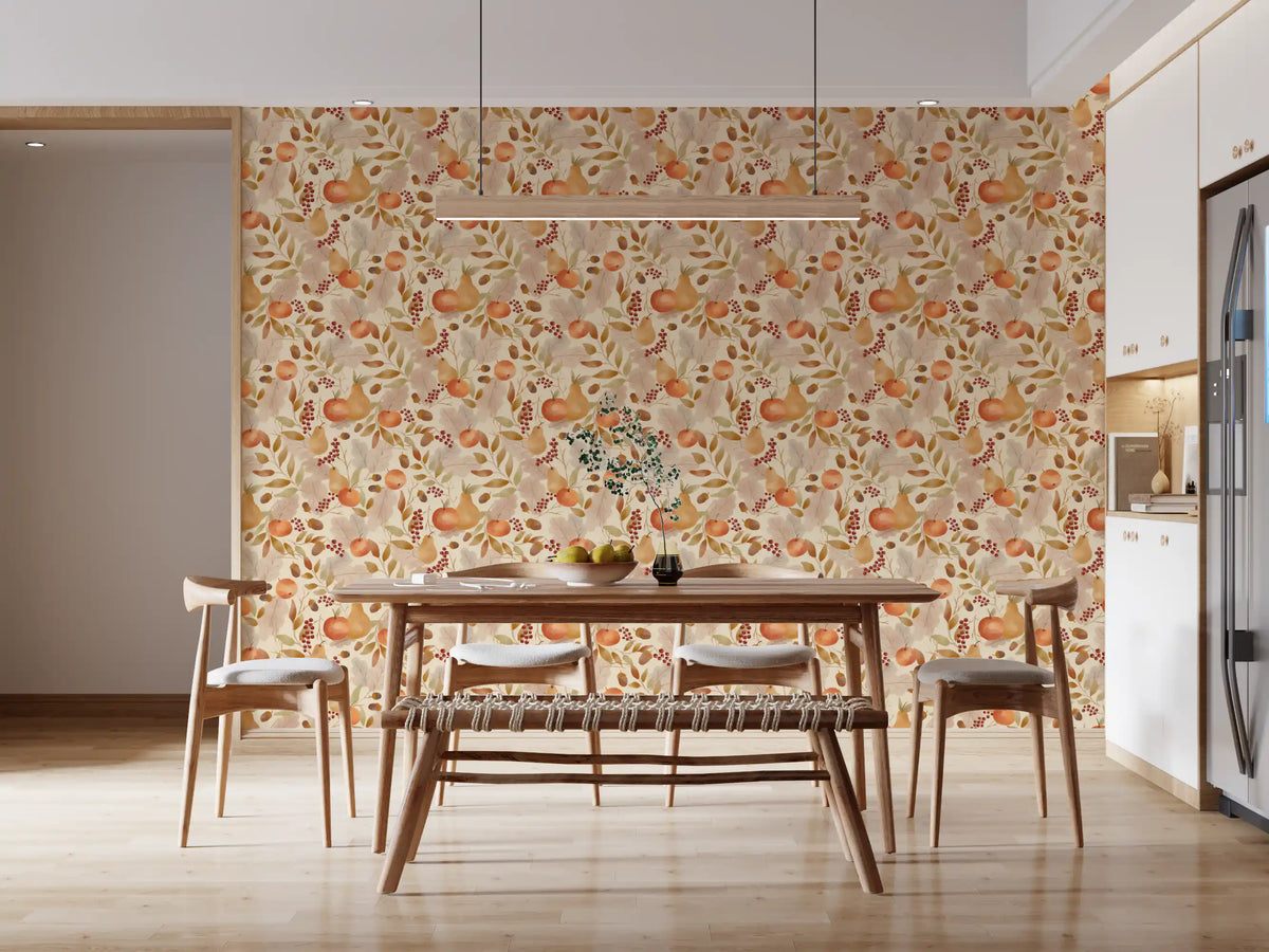 Watercolor Autumn Fruit Leaves Desaturated Soft Harvest Pattern Wallpaper⁠