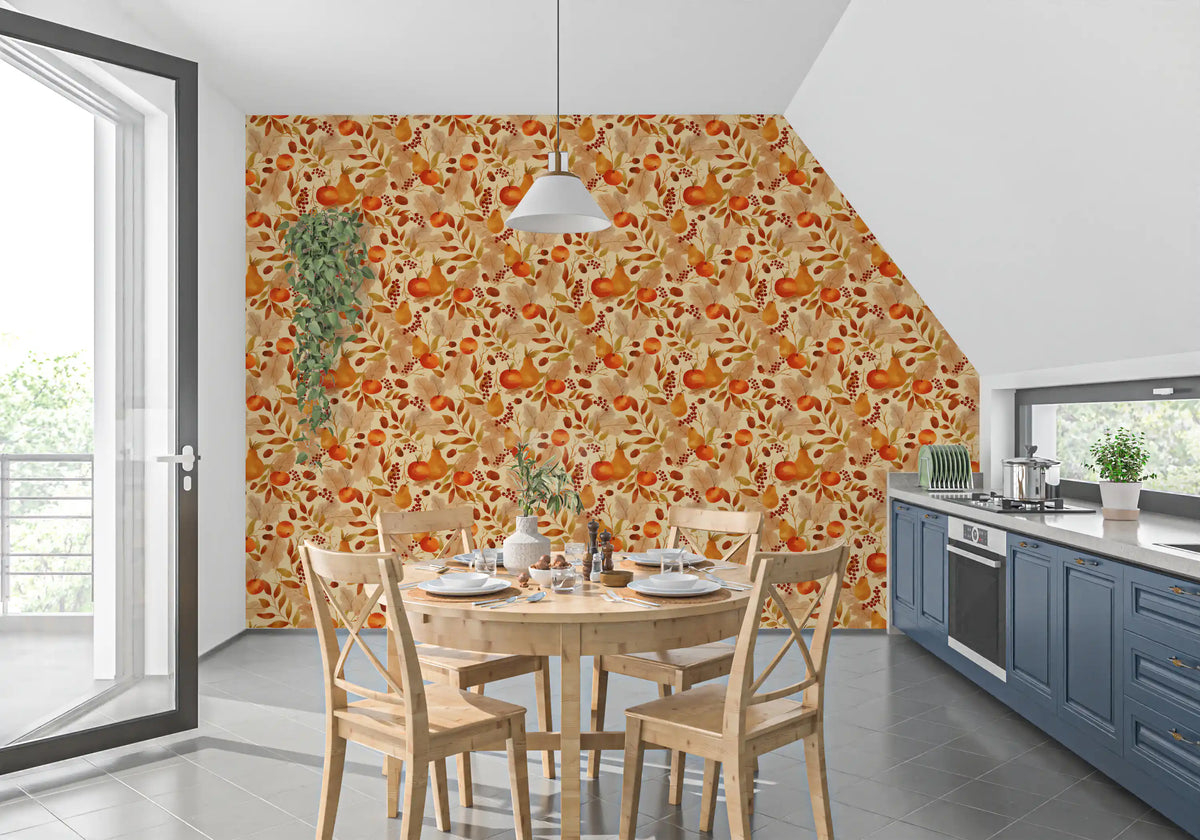 Watercolor Autumn Fruit Leaves Cream Background Harvest Pattern Wallpaper⁠