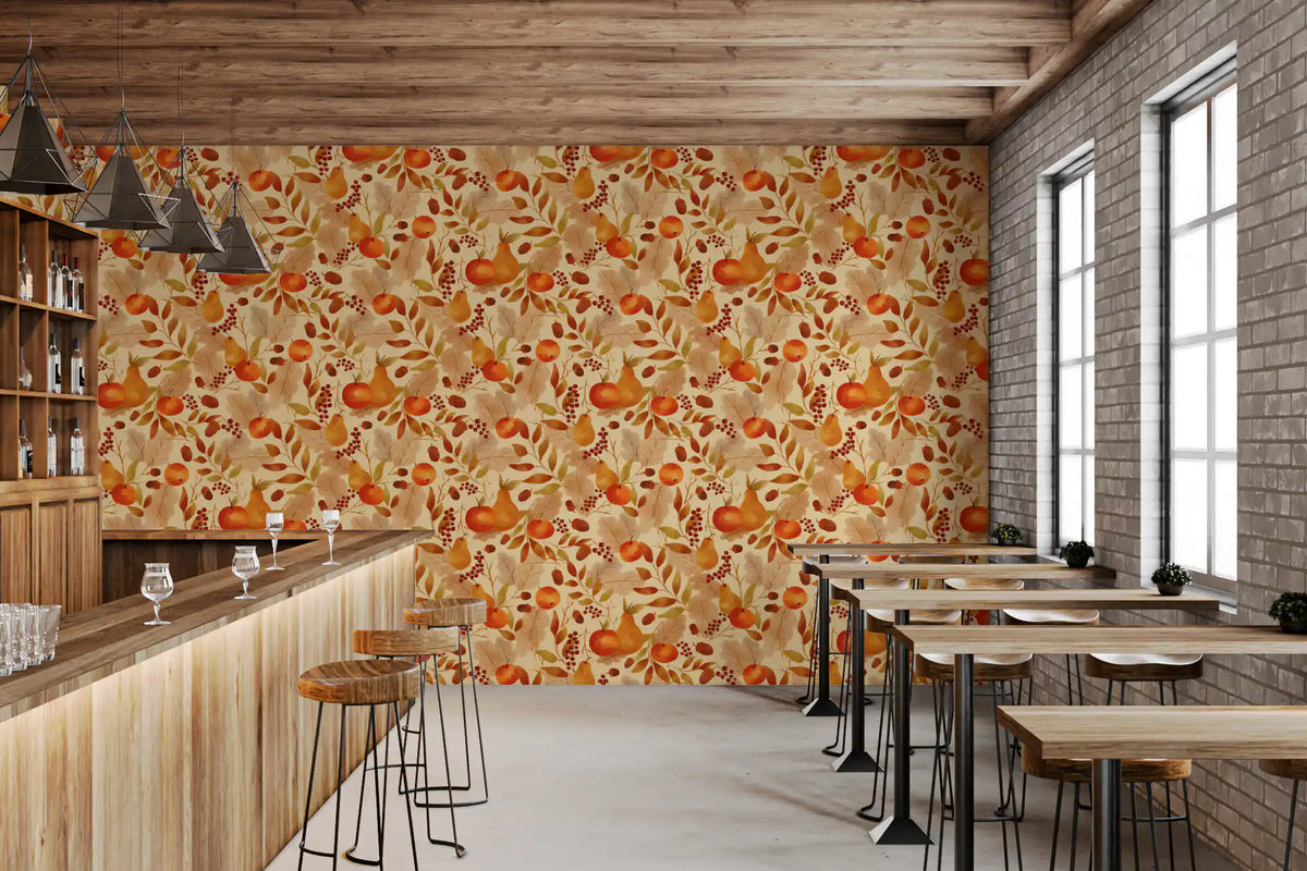 Watercolor Autumn Fruit Leaves Cream Background Harvest Pattern Wallpaper⁠