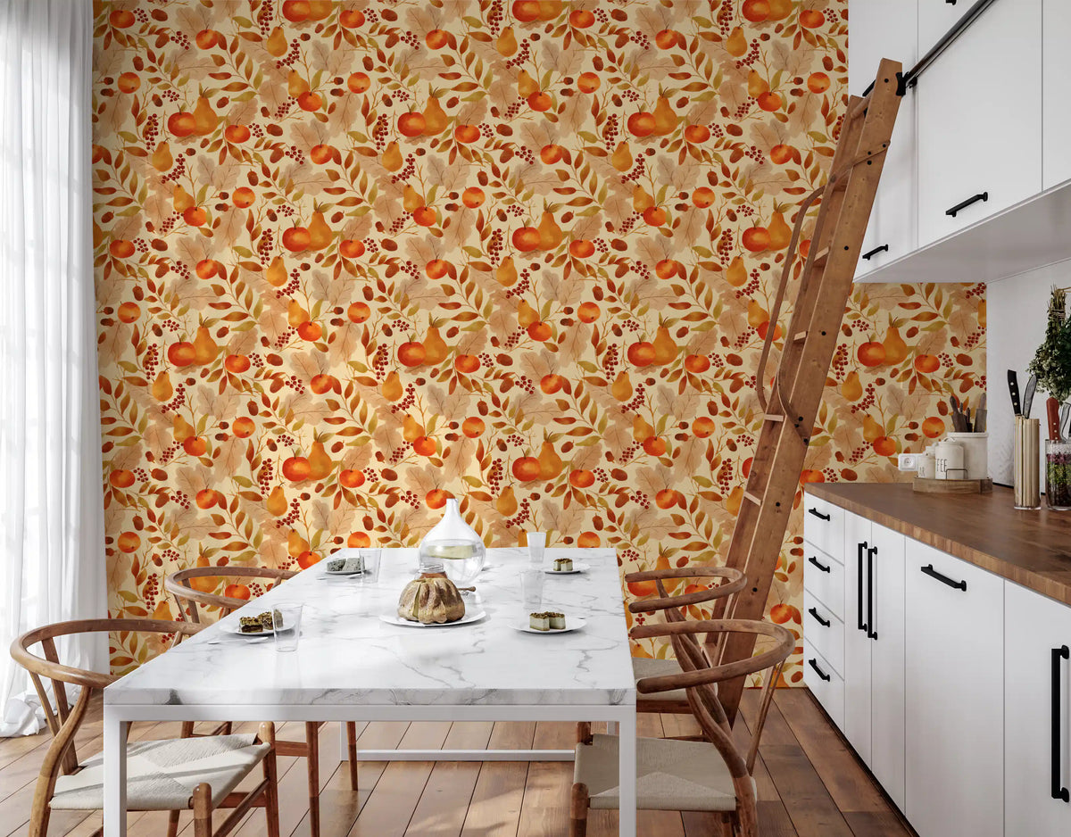 Watercolor Autumn Fruit Leaves Cream Background Harvest Pattern Wallpaper⁠