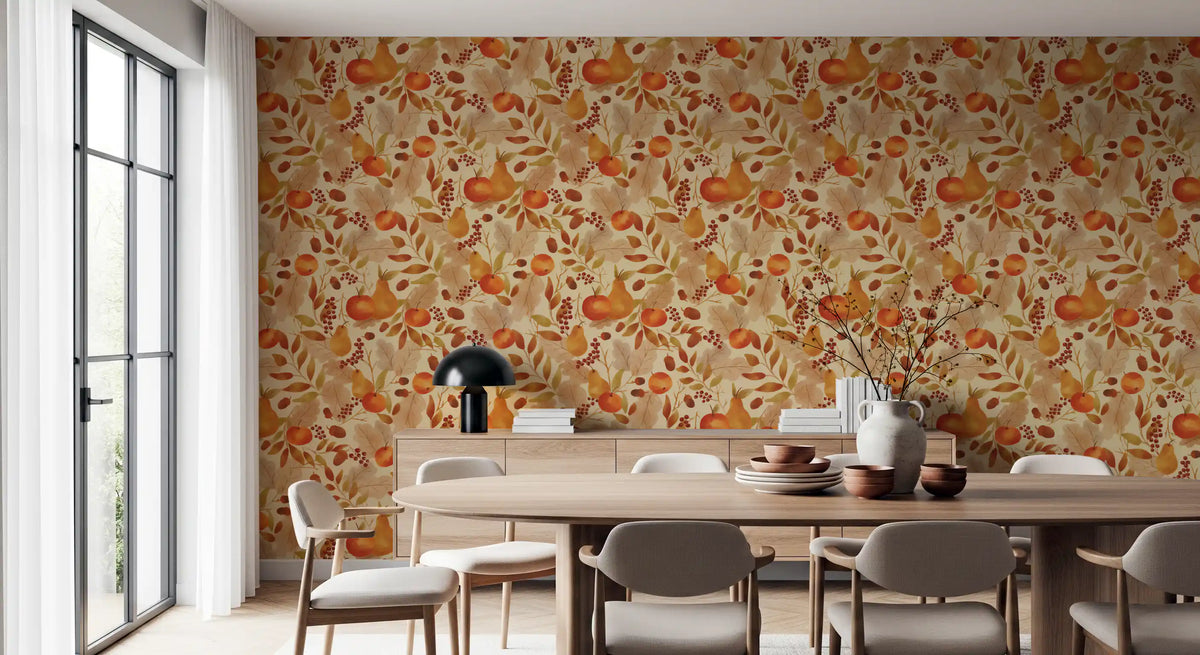 Watercolor Autumn Fruit Leaves Cream Background Harvest Pattern Wallpaper⁠