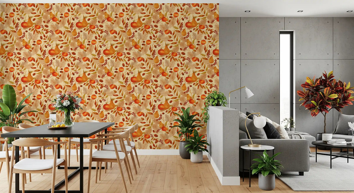 Watercolor Autumn Fruit Leaves Cream Background Harvest Pattern Wallpaper⁠