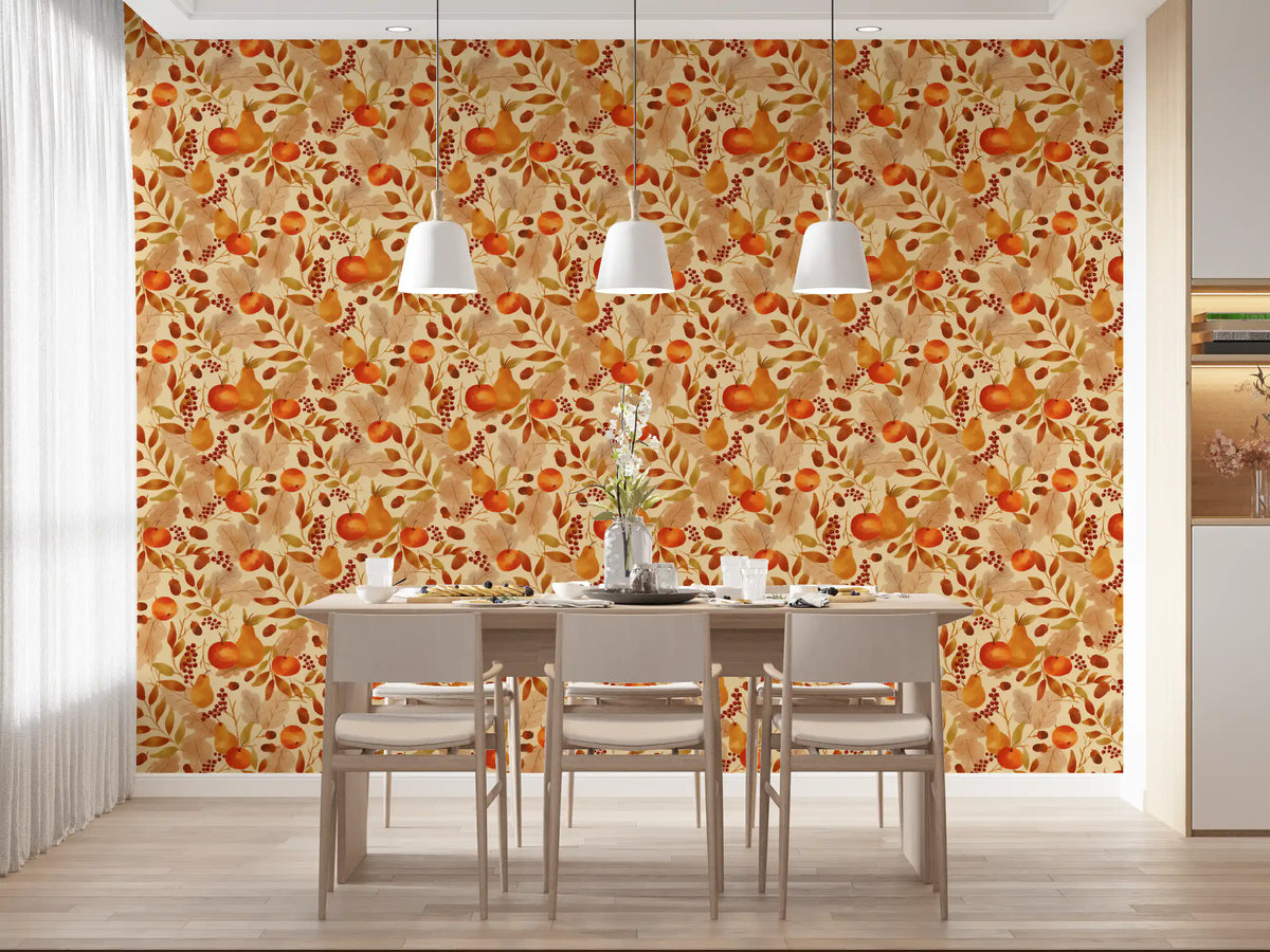 Watercolor Autumn Fruit Leaves Cream Background Harvest Pattern Wallpaper⁠