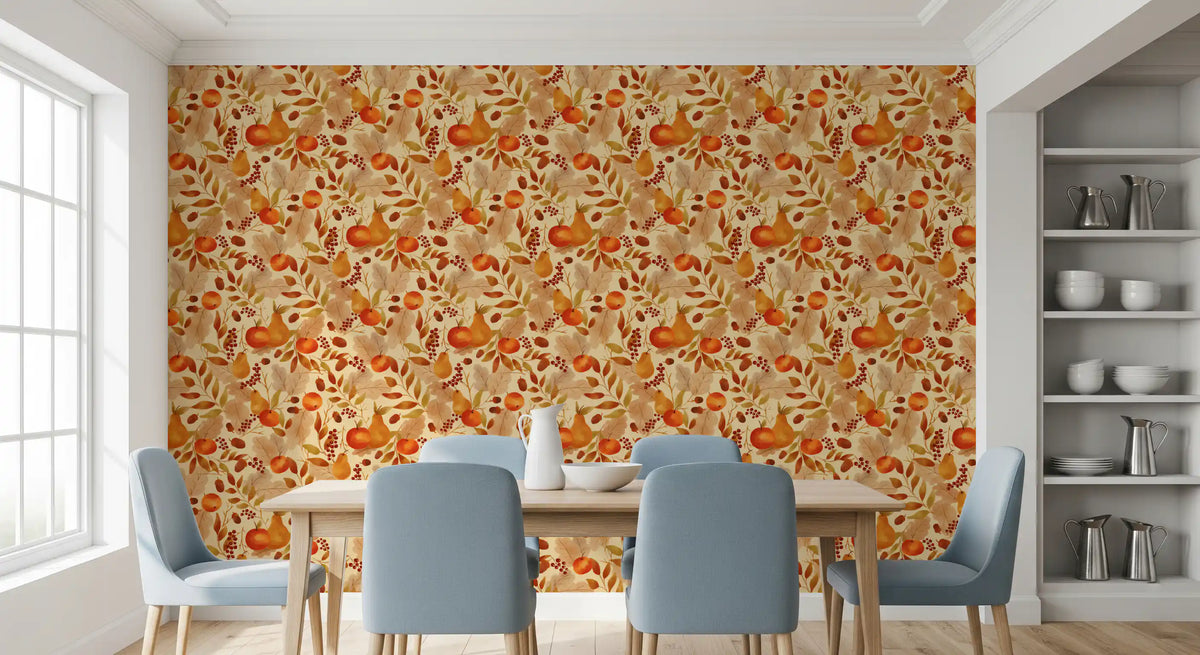 Watercolor Autumn Fruit Leaves Cream Background Harvest Pattern Wallpaper⁠