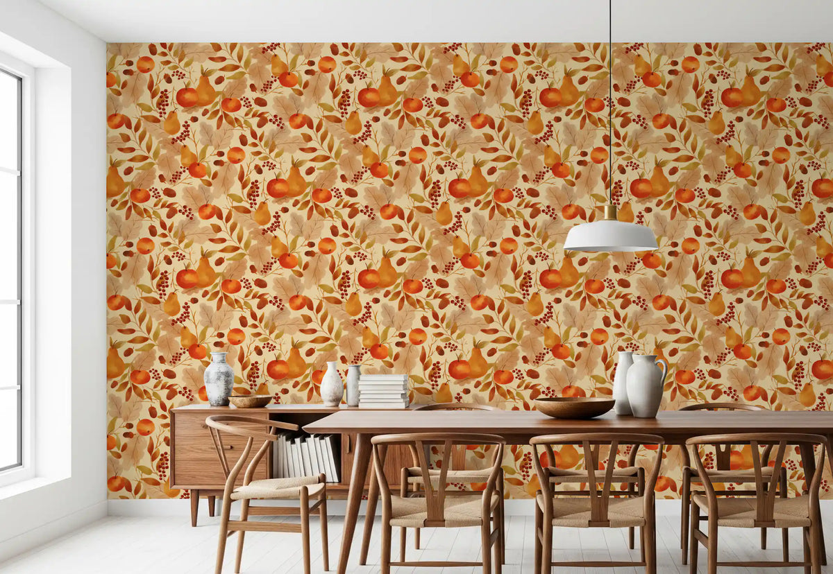 Watercolor Autumn Fruit Leaves Cream Background Harvest Pattern Wallpaper⁠