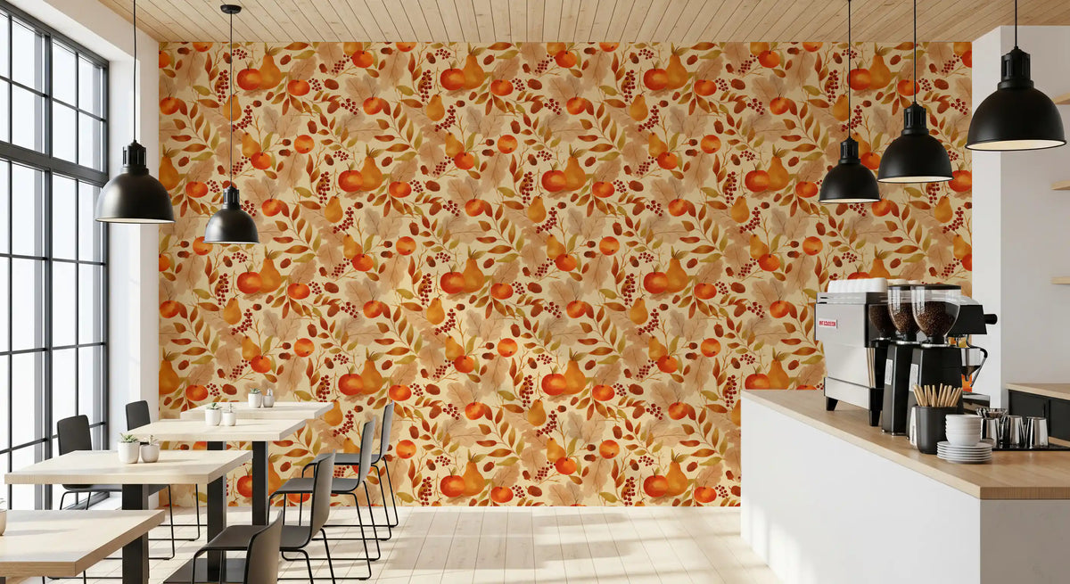 Watercolor Autumn Fruit Leaves Cream Background Harvest Pattern Wallpaper⁠