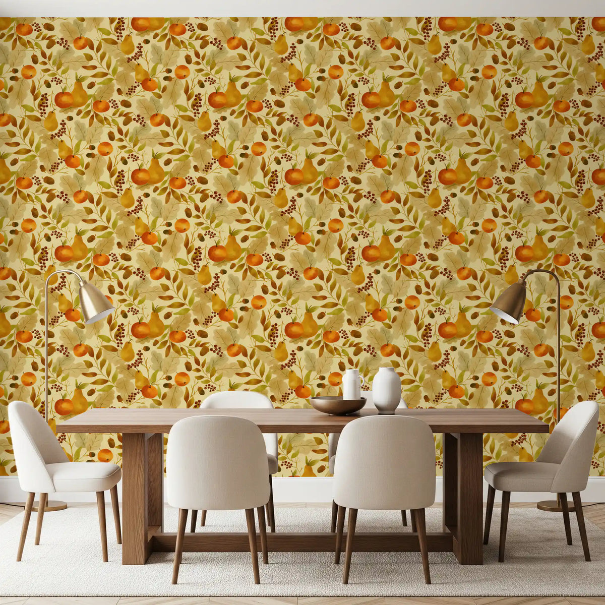 Watercolor Autumn Fruit Leaves Golden Yellow Harvest Pattern Wallpaper⁠