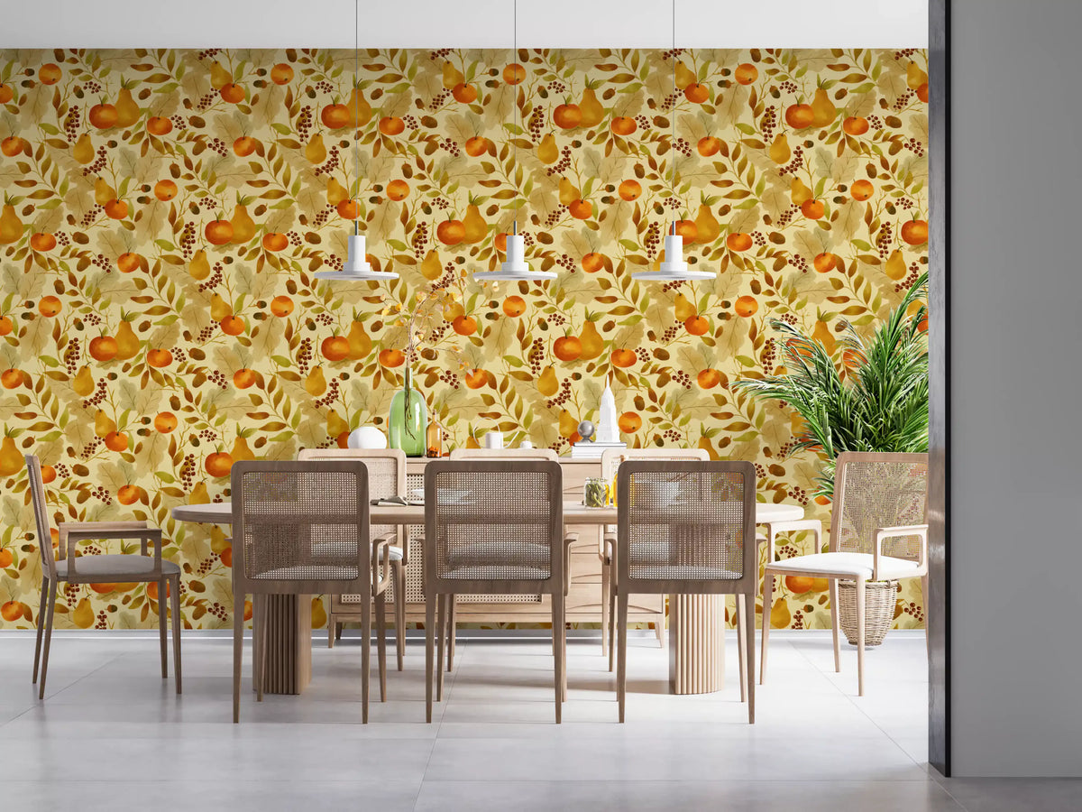 Watercolor Autumn Fruit Leaves Golden Yellow Harvest Pattern Wallpaper⁠