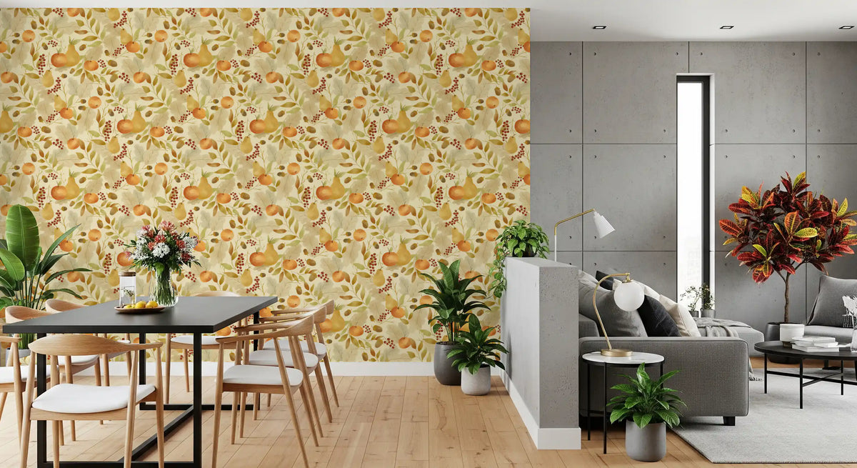 Watercolor Autumn Fruit Leaves Olive Sage Green Harvest Pattern Wallpaper⁠