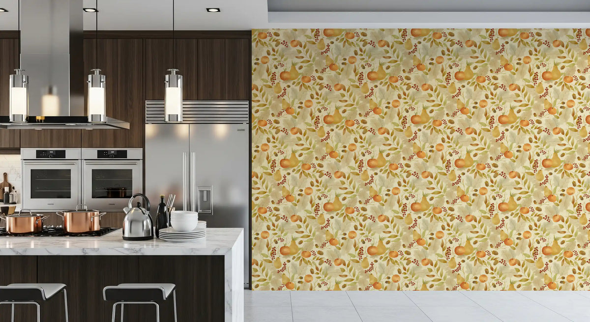 Watercolor Autumn Fruit Leaves Olive Sage Green Harvest Pattern Wallpaper⁠