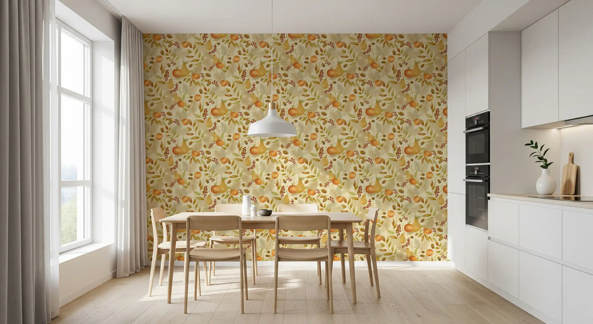 Watercolor Autumn Fruit Leaves Olive Sage Green Harvest Pattern Wallpaper⁠