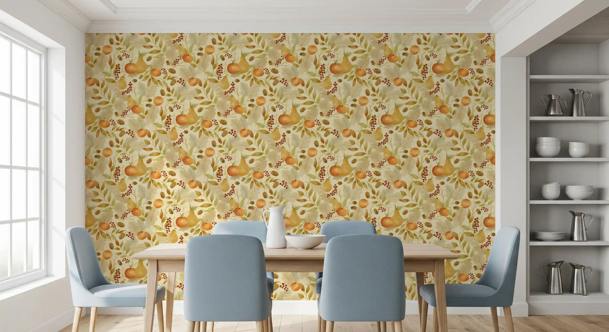 Watercolor Autumn Fruit Leaves Olive Sage Green Harvest Pattern Wallpaper⁠