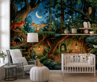 Nocturnal Forest Animal Gathering Wall Mural
