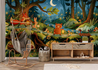 Enchanted Forest Friends Night Walk With Lanterns Wall Mural